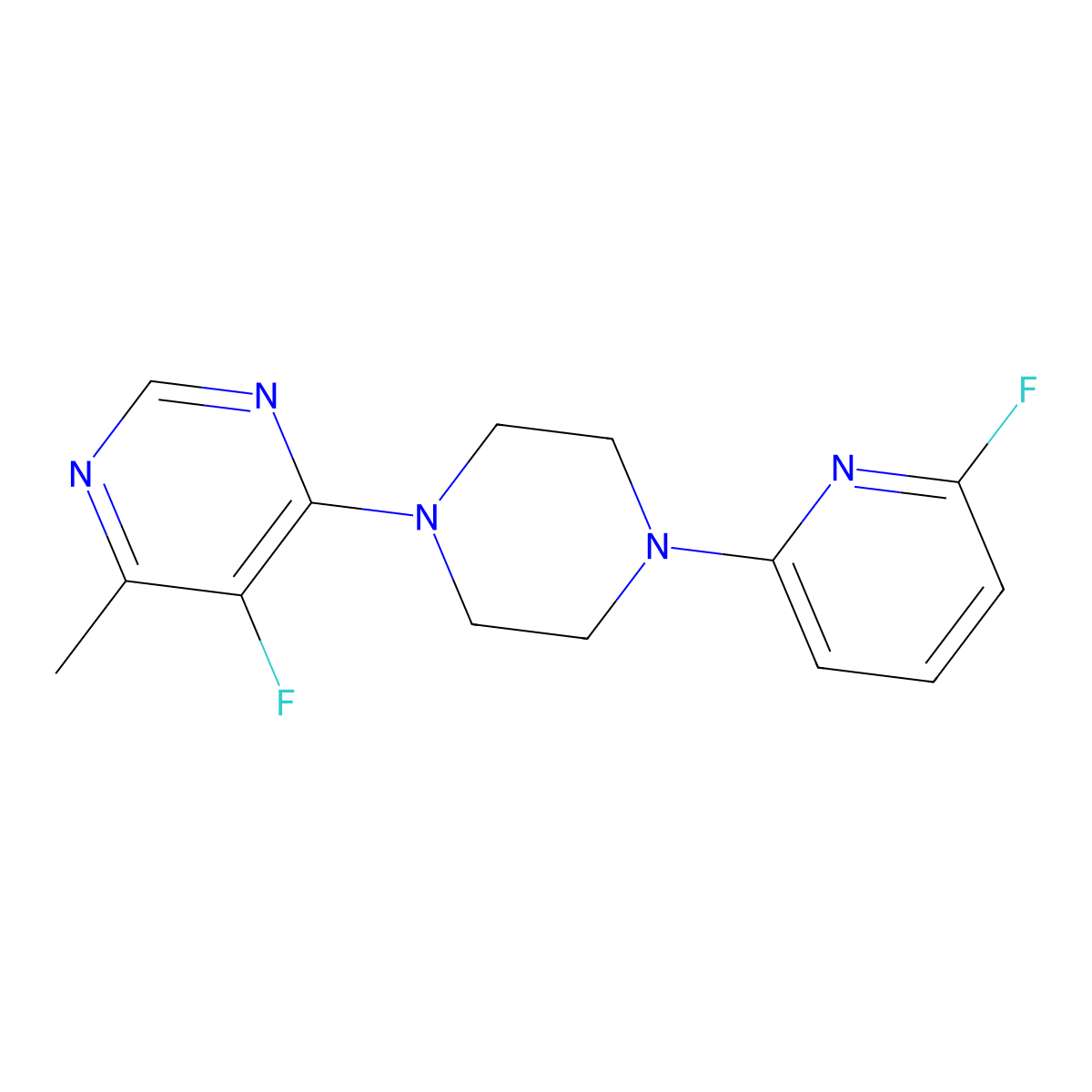 5-Fluoro-4-[4-(6-fluoropyridin-2-yl)piperazin-1-yl]-6-methylpyrimidine molecular structure, CAS 3030784-97-2