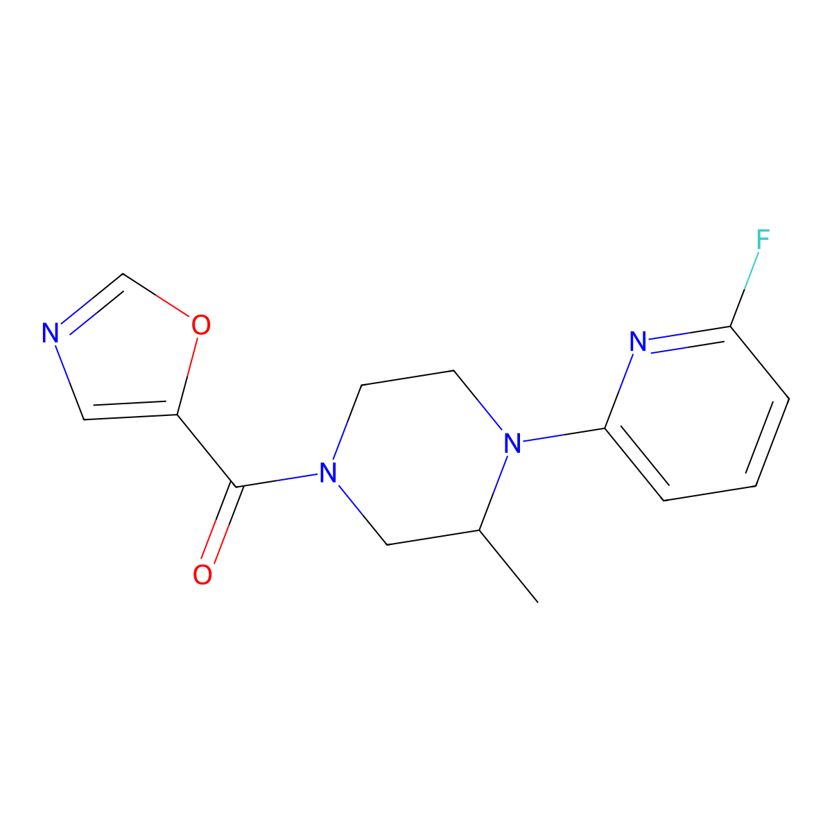 1-(6-Fluoropyridin-2-yl)-2-methyl-4-(1,3-oxazole-5-carbonyl)piperazine molecular structure, CAS 3030784-98-3