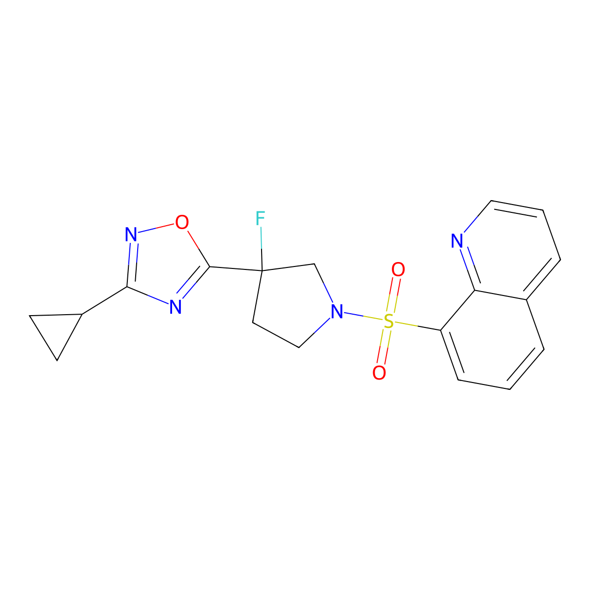 3-Cyclopropyl-5-(3-fluoro-1-quinolin-8-ylsulfonylpyrrolidin-3-yl)-1,2,4-oxadiazole molecular structure, CAS 3030785-39-5