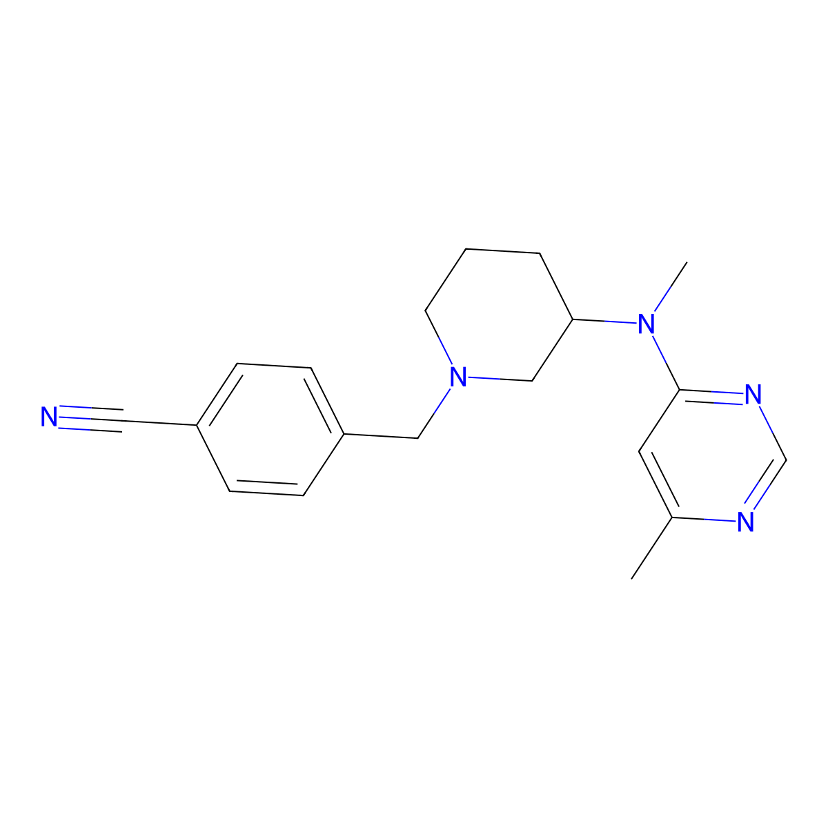 4-({3-[Methyl(6-methylpyrimidin-4-yl)amino]piperidin-1-yl}methyl)benzonitrile molecular structure, CAS 3030790-37-2