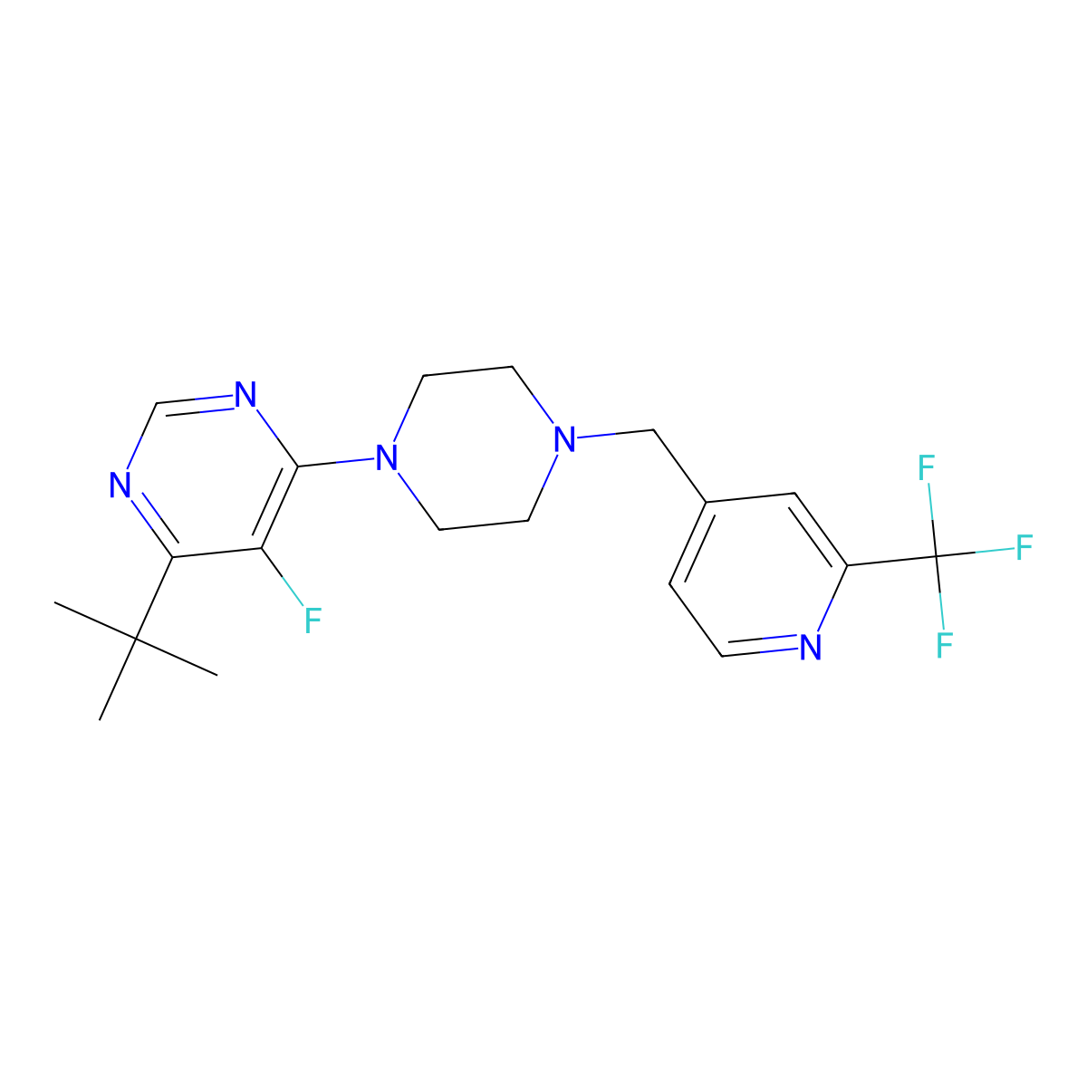 4-Tert-butyl-5-fluoro-6-[4-[[2-(trifluoromethyl)pyridin-4-yl]methyl]piperazin-1-yl]pyrimidine molecular structure, CAS 3030793-27-9