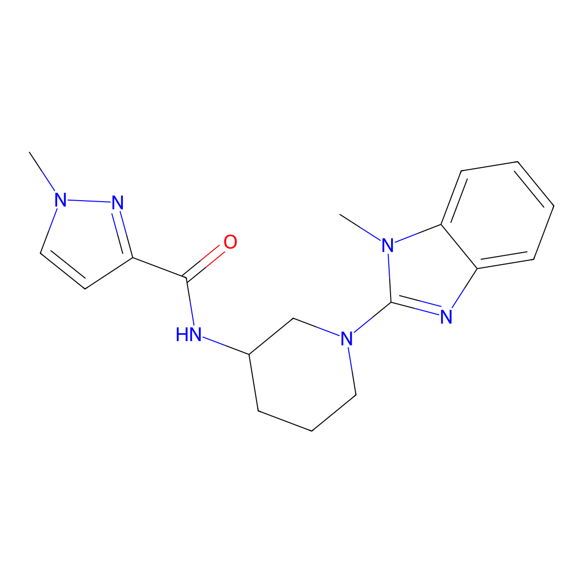 1-methyl-N-[1-(1-methyl-1H-1,3-benzodiazol-2-yl)piperidin-3-yl]-1H-pyrazole-3-carboxamide molecular structure, CAS 3030800-56-4