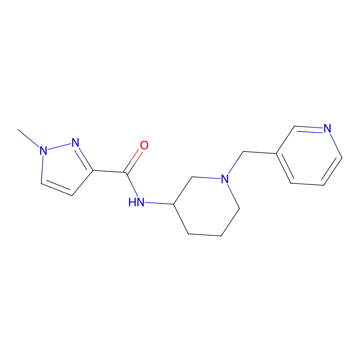 1-methyl-N-{1-[(pyridin-3-yl)methyl]piperidin-3-yl}-1H-pyrazole-3-carboxamide molecular structure, CAS 3030800-64-4