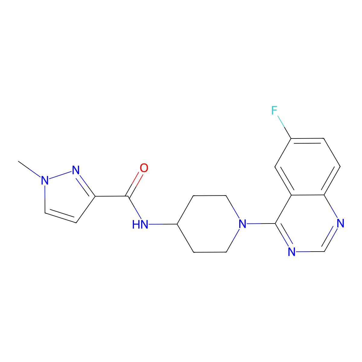N-[1-(6-fluoroquinazolin-4-yl)piperidin-4-yl]-1-methyl-1H-pyrazole-3-carboxamide molecular structure, CAS 3030800-79-1