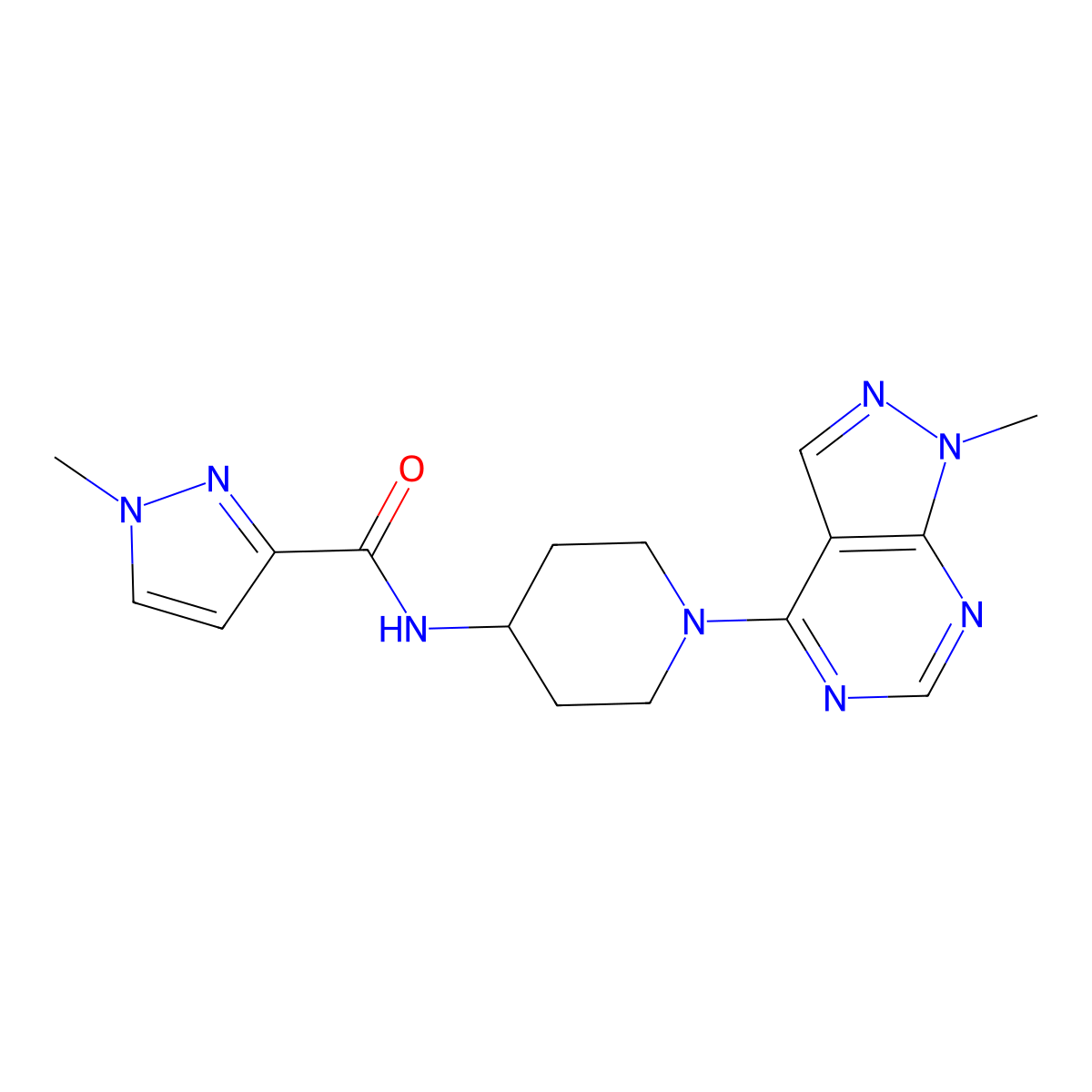 1-methyl-N-(1-{1-methyl-1H-pyrazolo[3,4-d]pyrimidin-4-yl}piperidin-4-yl)-1H-pyrazole-3-carboxamide molecular structure, CAS 3030801-10-3