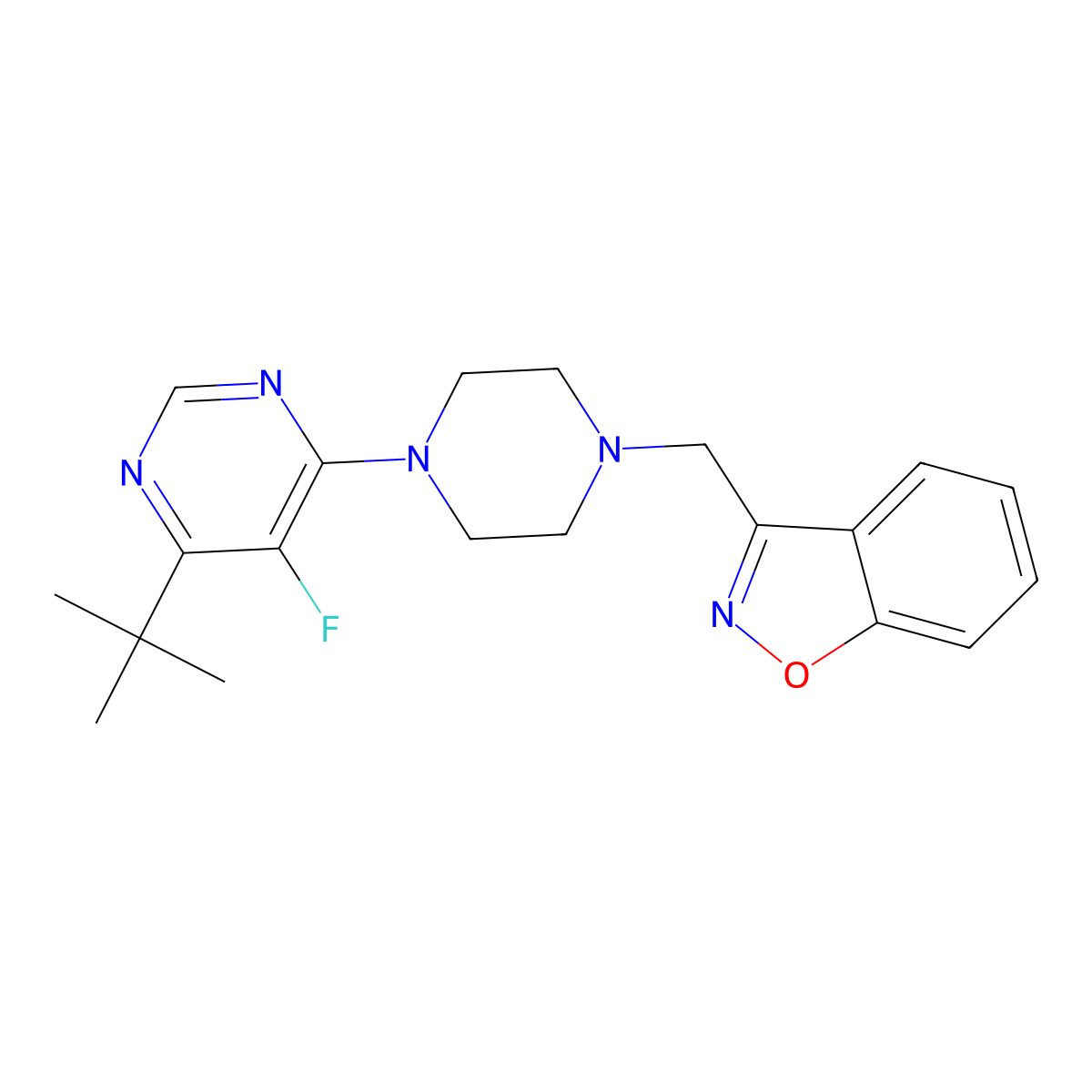 3-{[4-(6-Tert-butyl-5-fluoropyrimidin-4-yl)piperazin-1-yl]methyl}-1,2-benzoxazole molecular structure, CAS 3030801-28-3