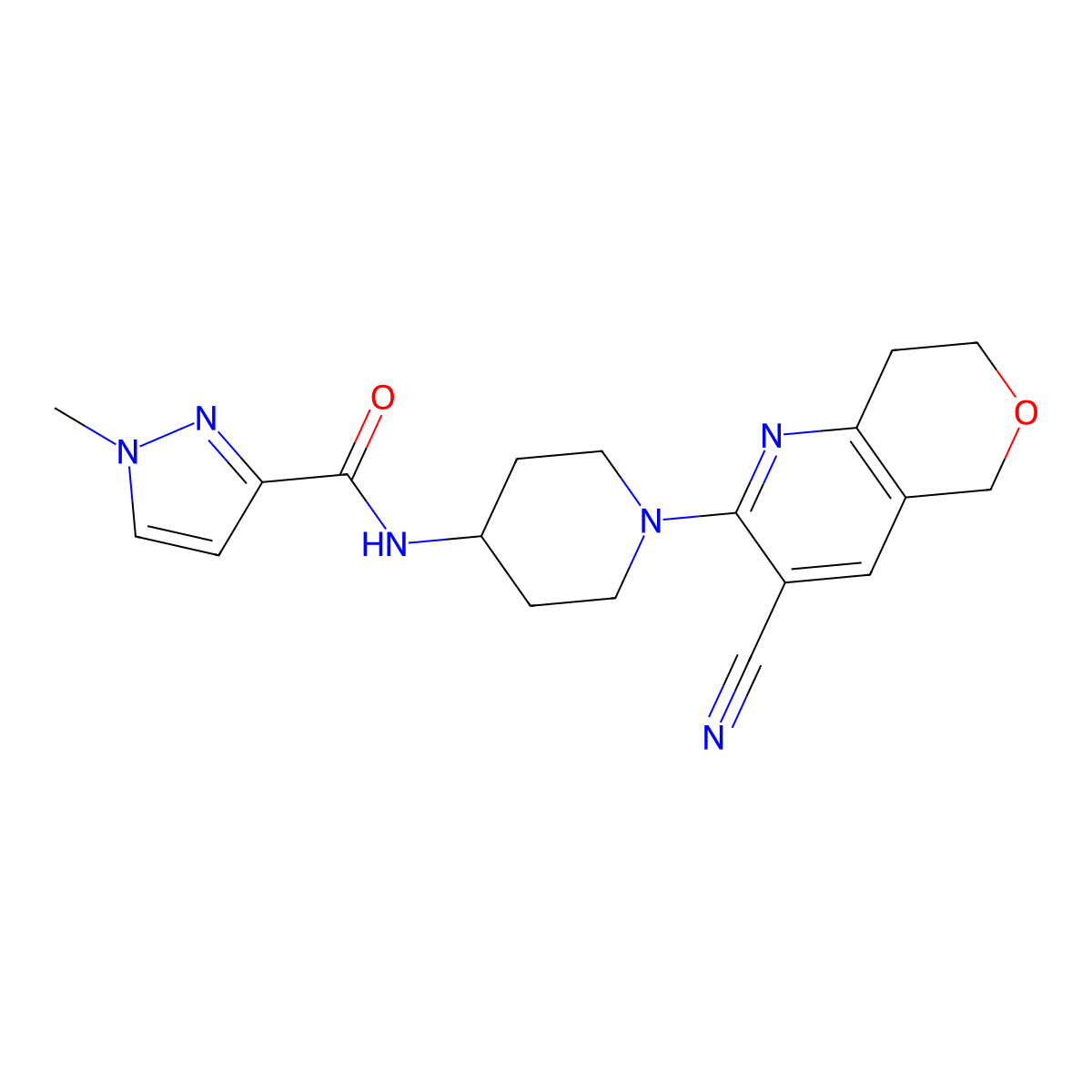 N-(1-{3-cyano-5H,7H,8H-pyrano[4,3-b]pyridin-2-yl}piperidin-4-yl)-1-methyl-1H-pyrazole-3-carboxamide molecular structure, CAS 3030801-70-5