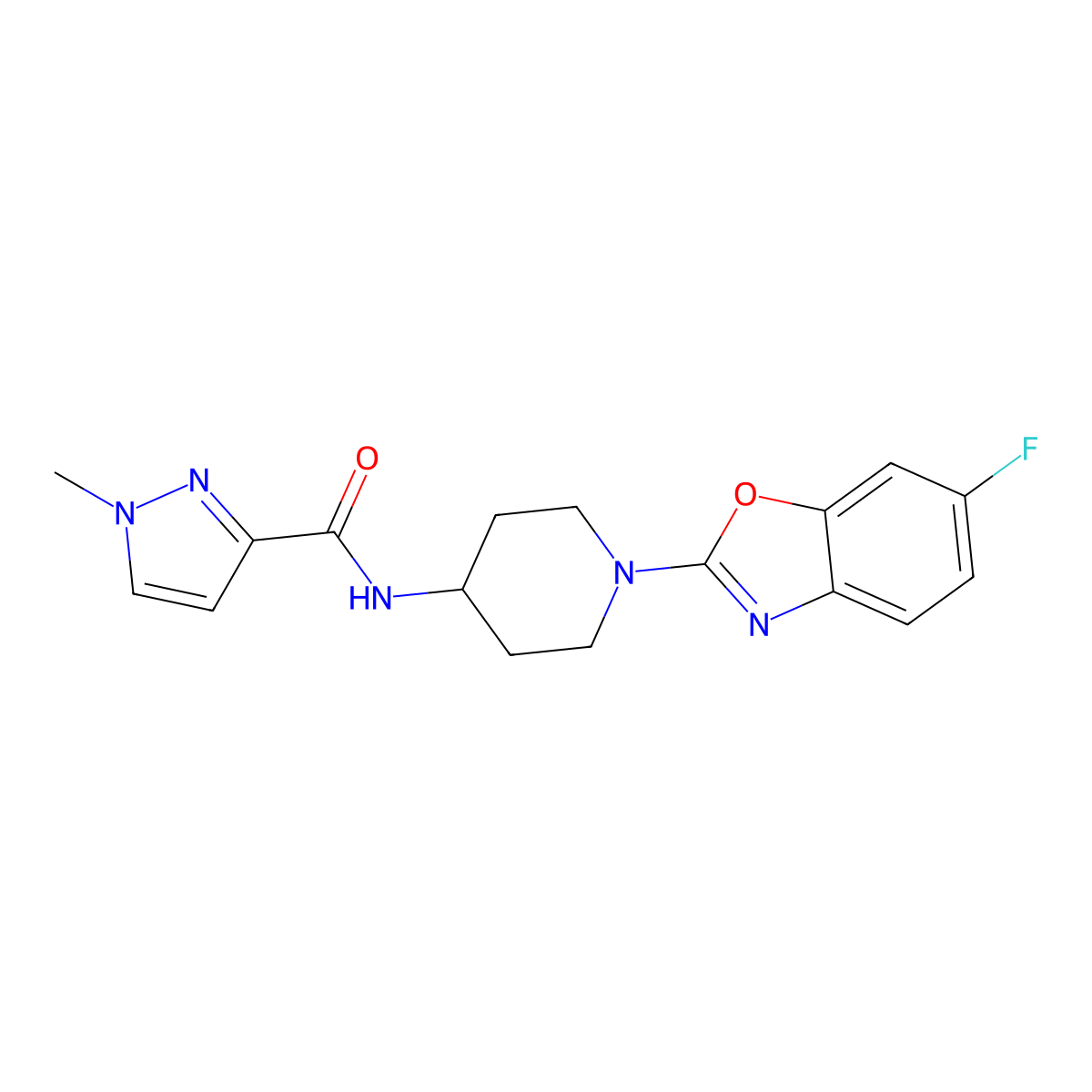 N-[1-(6-fluoro-1,3-benzoxazol-2-yl)piperidin-4-yl]-1-methyl-1H-pyrazole-3-carboxamide molecular structure, CAS 3030801-83-0