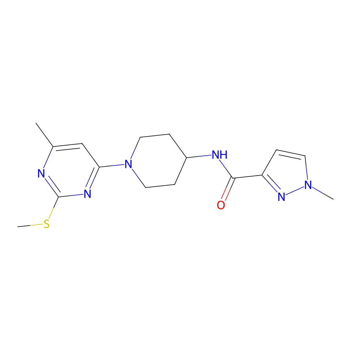 1-methyl-N-{1-[6-methyl-2-(methylsulfanyl)pyrimidin-4-yl]piperidin-4-yl}-1H-pyrazole-3-carboxamide molecular structure, CAS 3030802-00-4