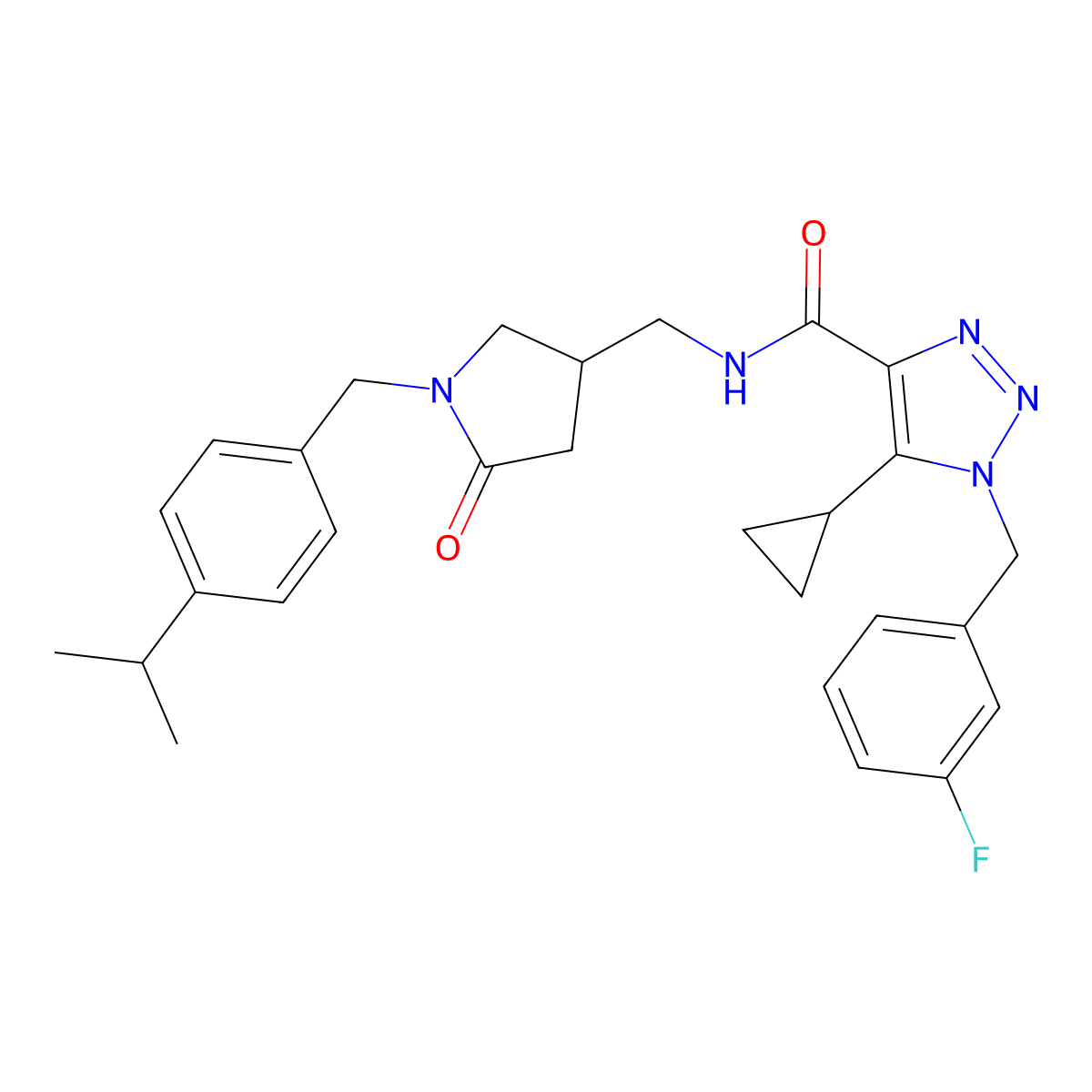5-cyclopropyl-1-[(3-fluorophenyl)methyl]-N-[(5-oxo-1-{[4-(propan-2-yl)phenyl]methyl}pyrrolidin-3-yl)methyl]-1H-1,2,3-triazole-4-carboxamide molecular structure, CAS 3030802-06-0