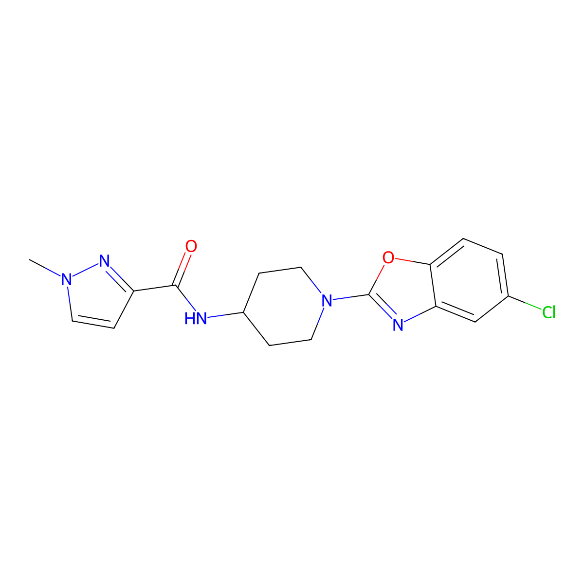 N-[1-(5-chloro-1,3-benzoxazol-2-yl)piperidin-4-yl]-1-methyl-1H-pyrazole-3-carboxamide molecular structure, CAS 3030802-19-5