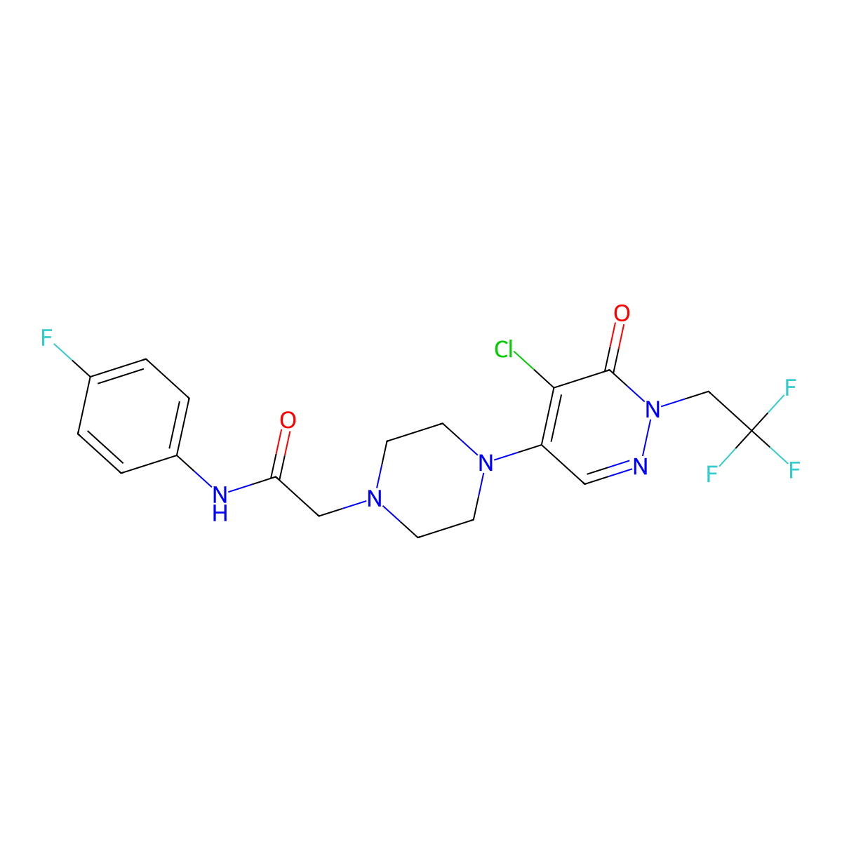 2-{4-[5-chloro-6-oxo-1-(2,2,2-trifluoroethyl)-1,6-dihydropyridazin-4-yl]piperazin-1-yl}-N-(4-fluorophenyl)acetamide molecular structure, CAS 3030802-52-6