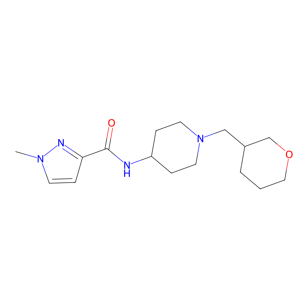 1-methyl-N-{1-[(oxan-3-yl)methyl]piperidin-4-yl}-1H-pyrazole-3-carboxamide molecular structure, CAS 3030802-65-1