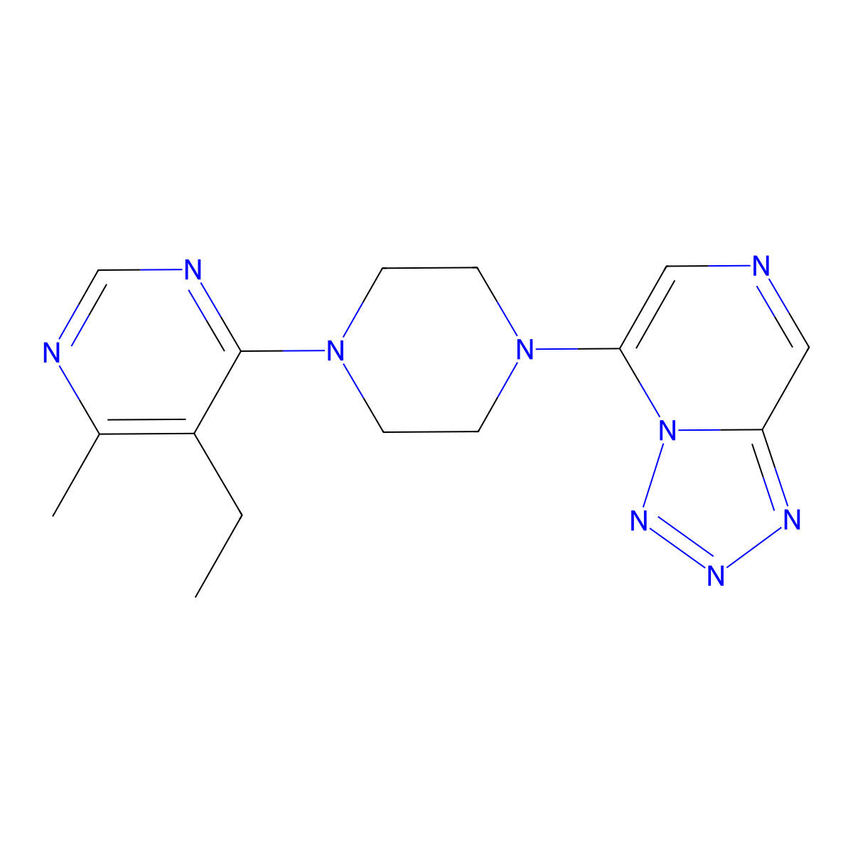 5-Ethyl-4-methyl-6-(4-{[1,2,3,4]tetrazolo[1,5-a]pyrazin-5-yl}piperazin-1-yl)pyrimidine molecular structure, CAS 3030802-77-5