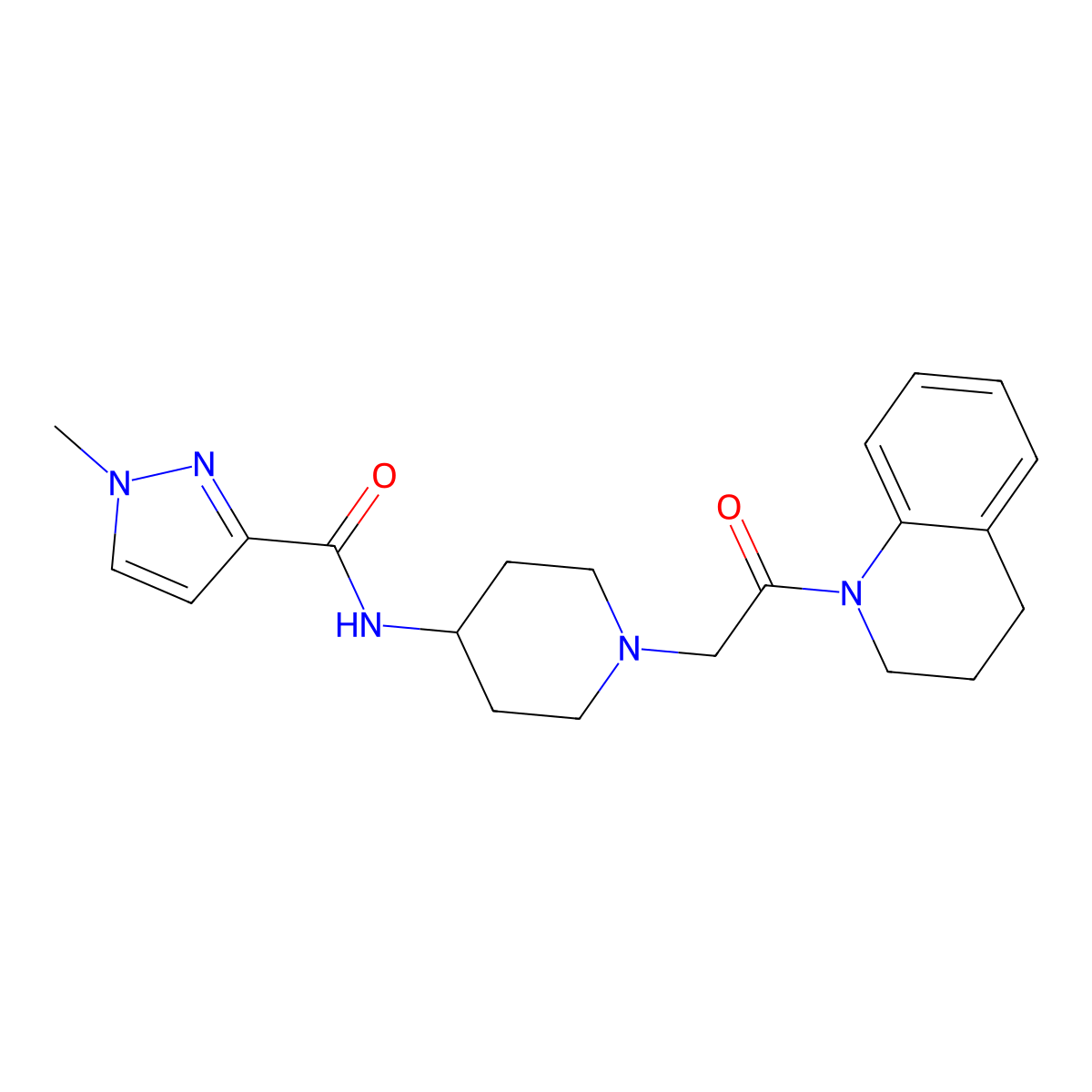 1-methyl-N-{1-[2-oxo-2-(1,2,3,4-tetrahydroquinolin-1-yl)ethyl]piperidin-4-yl}-1H-pyrazole-3-carboxamide molecular structure, CAS 3030802-83-3