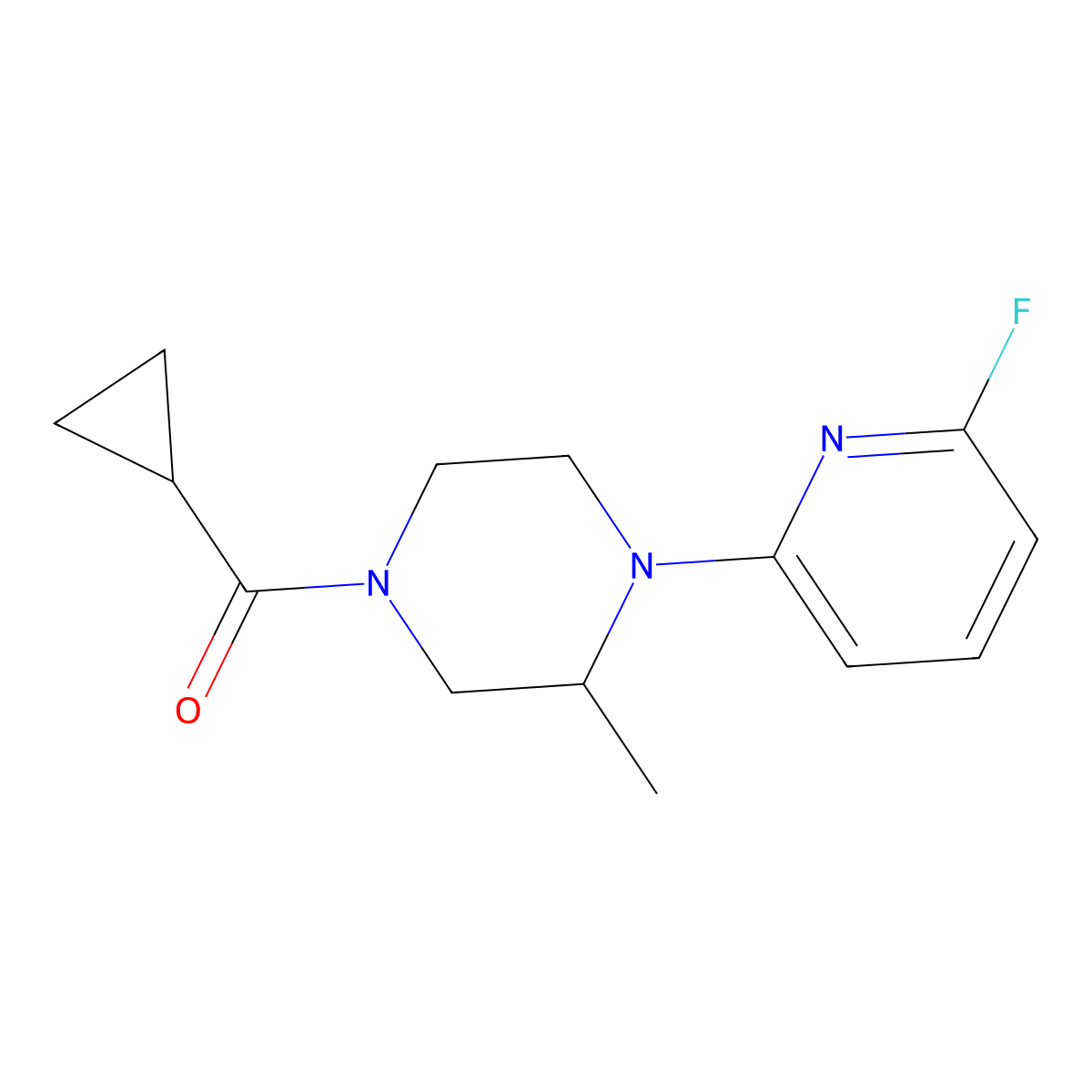 4-Cyclopropanecarbonyl-1-(6-fluoropyridin-2-yl)-2-methylpiperazine molecular structure, CAS 3030803-17-6