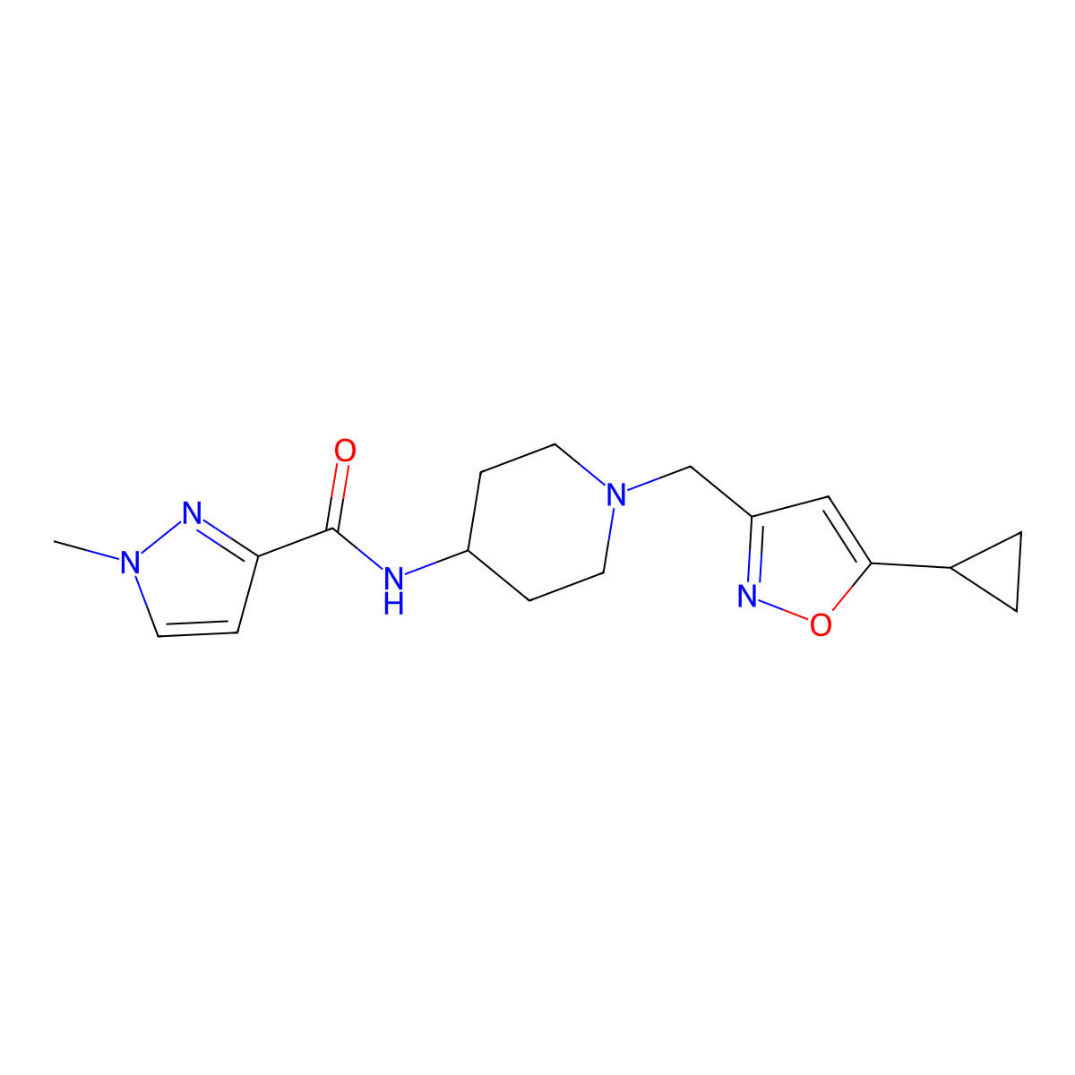 N-{1-[(5-cyclopropyl-1,2-oxazol-3-yl)methyl]piperidin-4-yl}-1-methyl-1H-pyrazole-3-carboxamide molecular structure, CAS 3030803-20-1