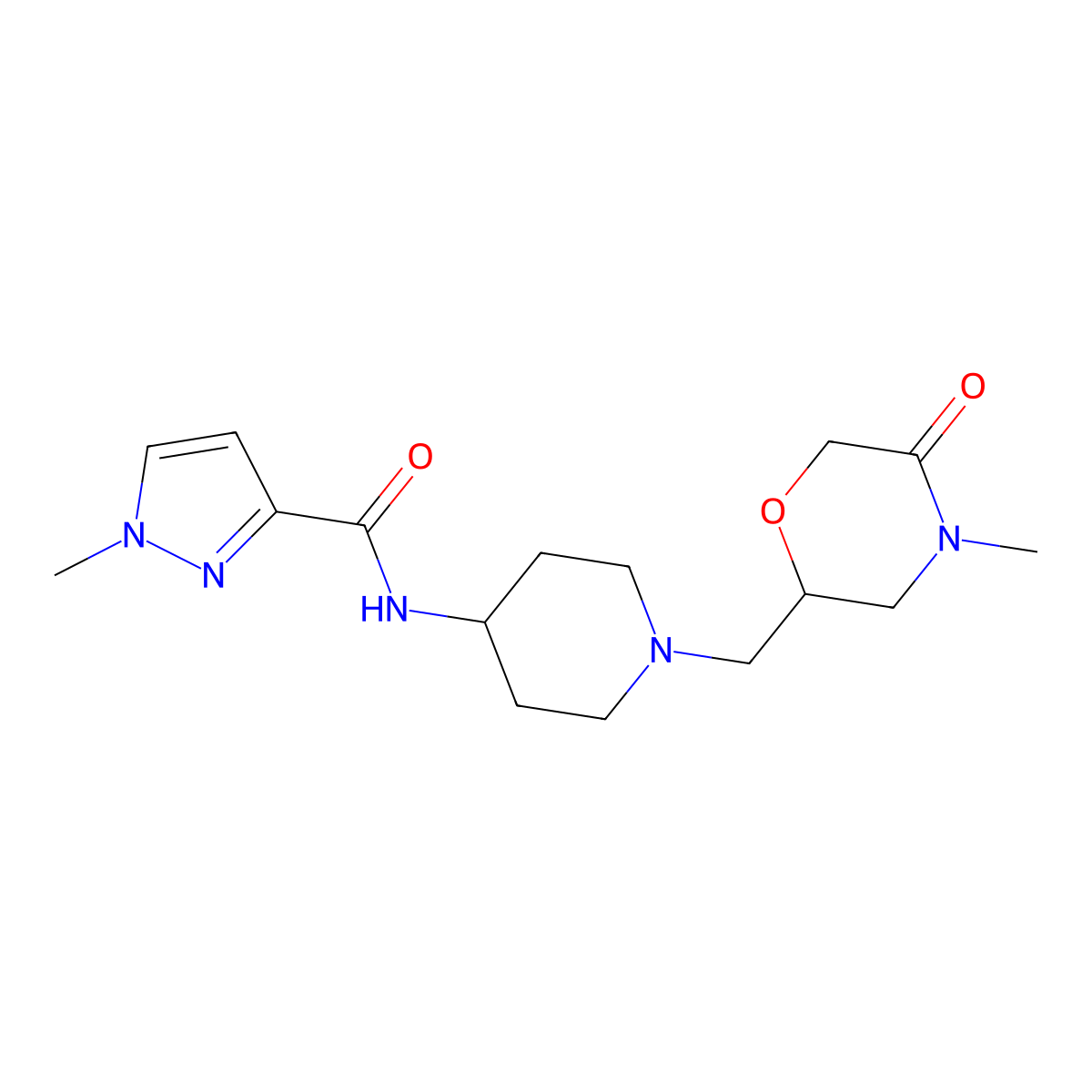 1-methyl-N-{1-[(4-methyl-5-oxomorpholin-2-yl)methyl]piperidin-4-yl}-1H-pyrazole-3-carboxamide molecular structure, CAS 3030803-27-8