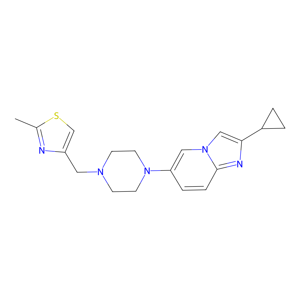 1-{2-Cyclopropylimidazo[1,2-a]pyridin-6-yl}-4-[(2-methyl-1,3-thiazol-4-yl)methyl]piperazine molecular structure, CAS 3030803-61-0