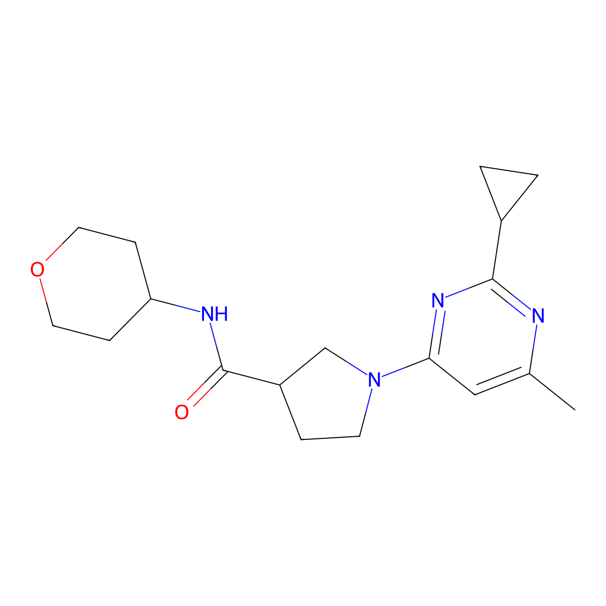 1-(2-cyclopropyl-6-methylpyrimidin-4-yl)-N-(oxan-4-yl)pyrrolidine-3-carboxamide molecular structure, CAS 3030805-31-0