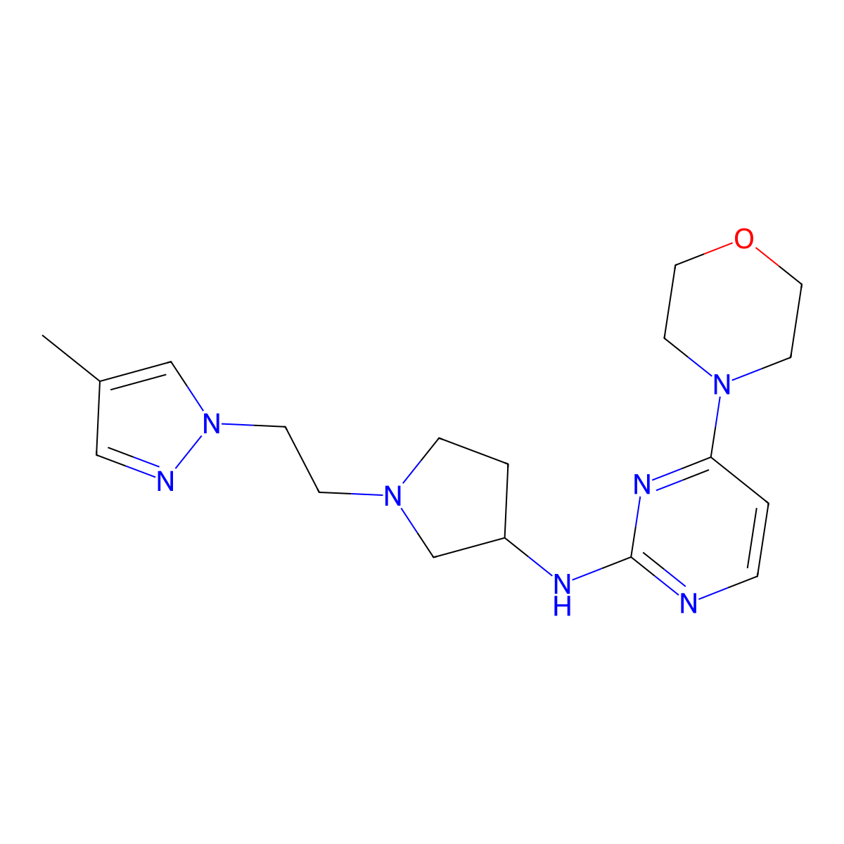 N-{1-[2-(4-methyl-1H-pyrazol-1-yl)ethyl]pyrrolidin-3-yl}-4-(morpholin-4-yl)pyrimidin-2-amine molecular structure, CAS 3030805-32-1