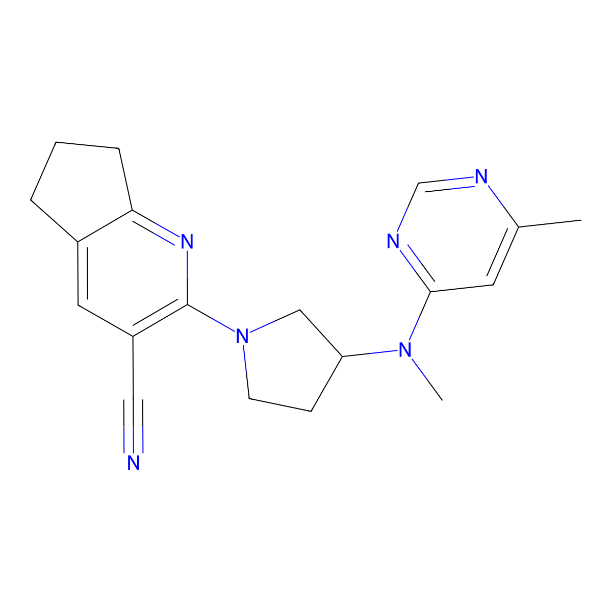 2-{3-[methyl(6-methylpyrimidin-4-yl)amino]pyrrolidin-1-yl}-5H,6H,7H-cyclopenta[b]pyridine-3-carbonitrile molecular structure, CAS 3030805-46-7