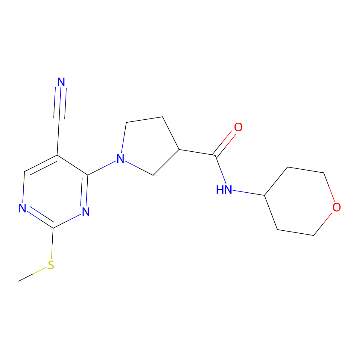 1-[5-cyano-2-(methylsulfanyl)pyrimidin-4-yl]-N-(oxan-4-yl)pyrrolidine-3-carboxamide molecular structure, CAS 3030805-58-1