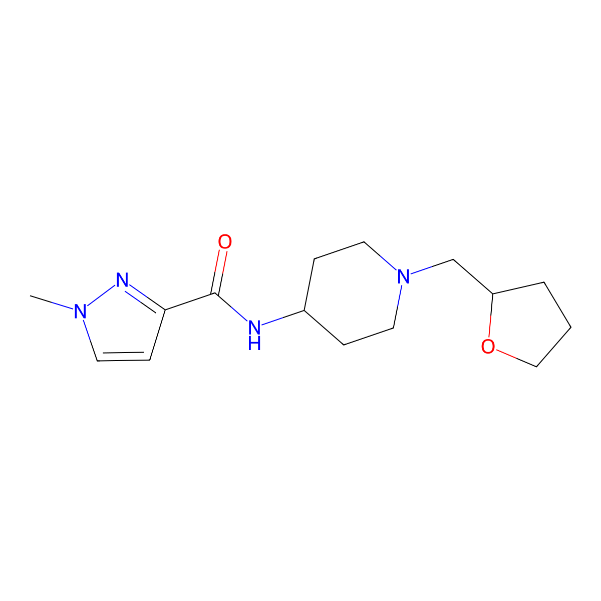 1-methyl-N-{1-[(oxolan-2-yl)methyl]piperidin-4-yl}-1H-pyrazole-3-carboxamide molecular structure, CAS 3030805-67-2
