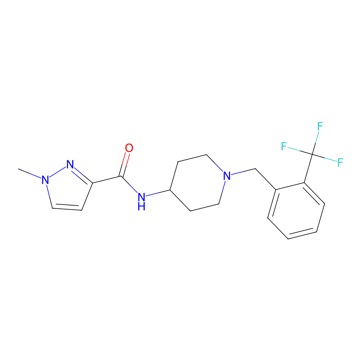 1-methyl-N-(1-{[2-(trifluoromethyl)phenyl]methyl}piperidin-4-yl)-1H-pyrazole-3-carboxamide molecular structure, CAS 3030805-79-6