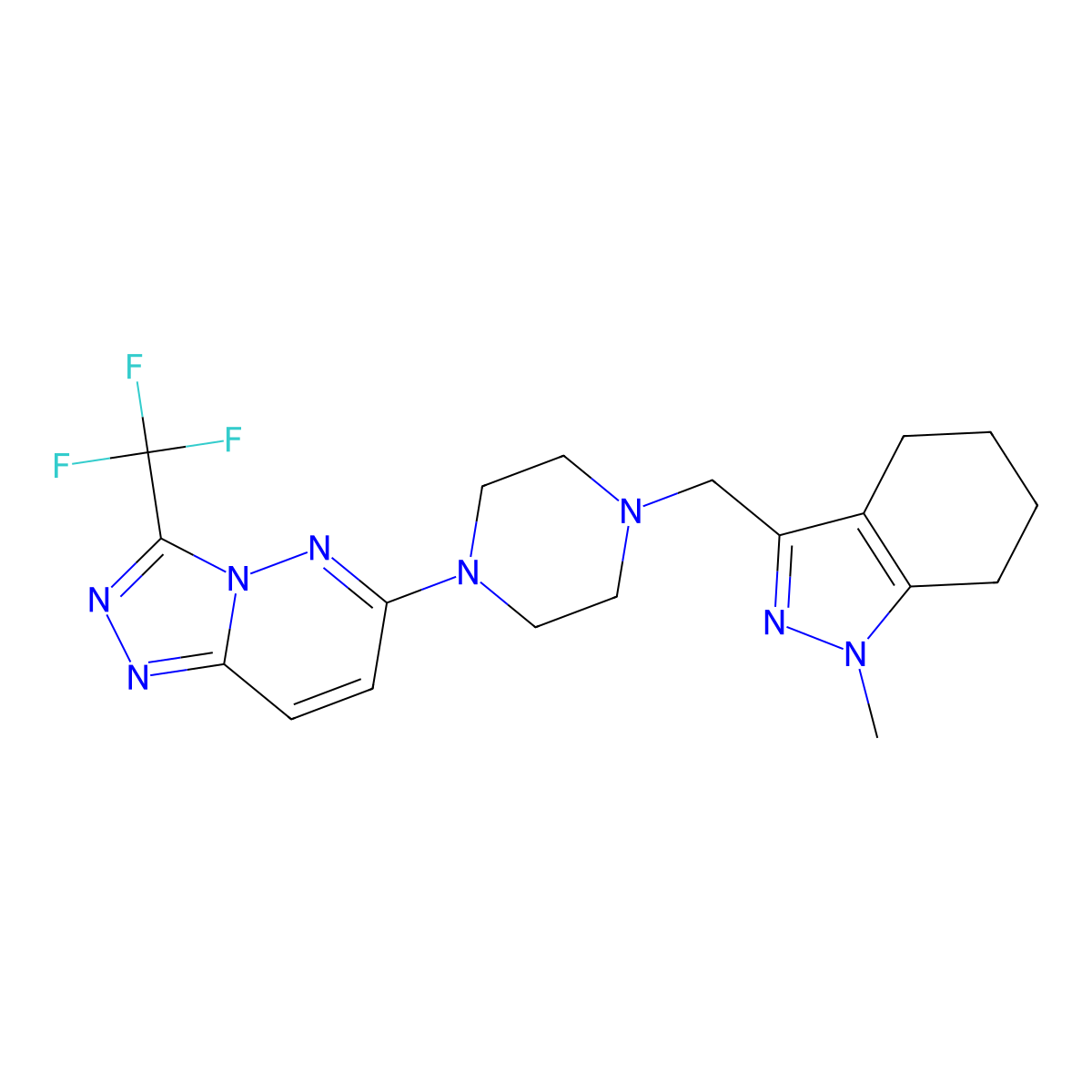 1-methyl-3-({4-[3-(trifluoromethyl)-[1,2,4]triazolo[4,3-b]pyridazin-6-yl]piperazin-1-yl}methyl)-4,5,6,7-tetrahydro-1H-indazole molecular structure, CAS 3030805-85-4