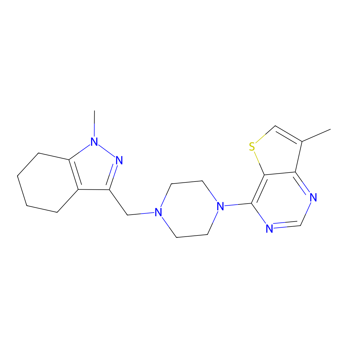 1-methyl-3-[(4-{7-methylthieno[3,2-d]pyrimidin-4-yl}piperazin-1-yl)methyl]-4,5,6,7-tetrahydro-1H-indazole molecular structure, CAS 3030805-92-3