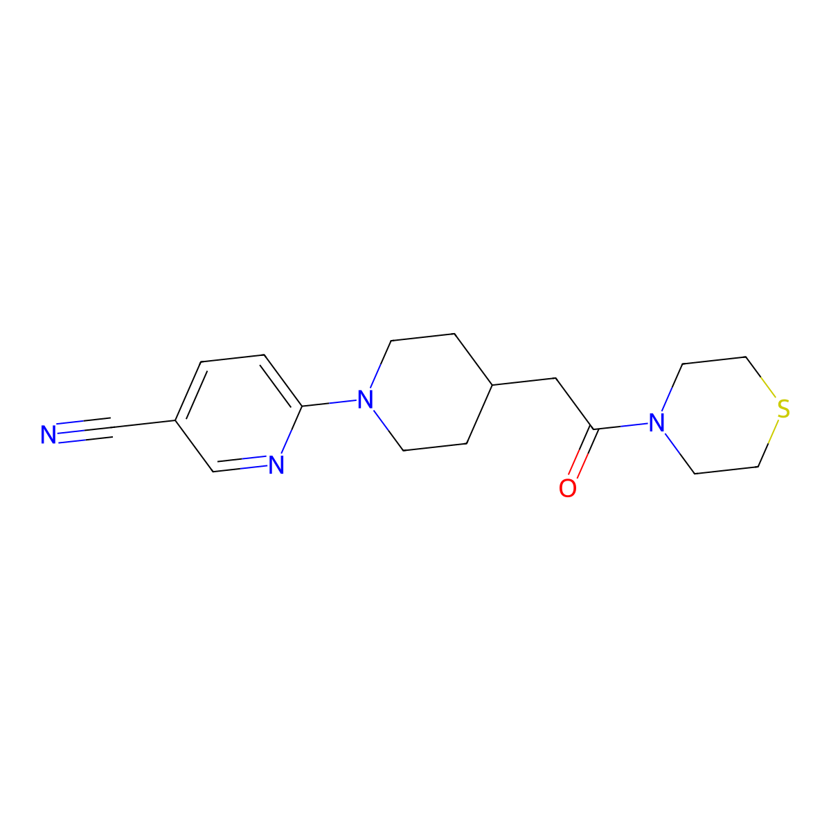 6-{4-[2-Oxo-2-(thiomorpholin-4-yl)ethyl]piperidin-1-yl}pyridine-3-carbonitrile molecular structure, CAS 3030806-04-0