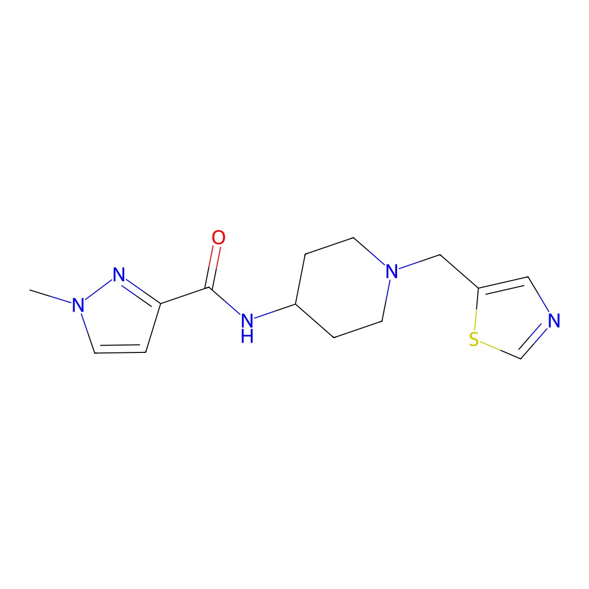 1-methyl-N-{1-[(1,3-thiazol-5-yl)methyl]piperidin-4-yl}-1H-pyrazole-3-carboxamide molecular structure, CAS 3030806-08-4