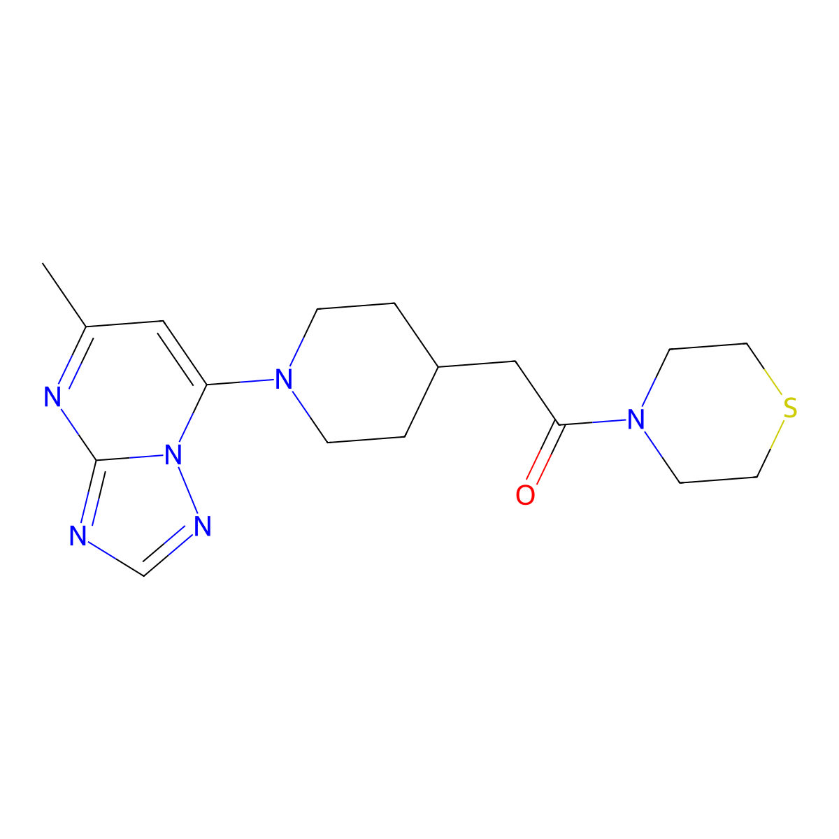 2-(1-{5-Methyl-[1,2,4]triazolo[1,5-a]pyrimidin-7-yl}piperidin-4-yl)-1-(thiomorpholin-4-yl)ethan-1-one molecular structure, CAS 3030806-27-7