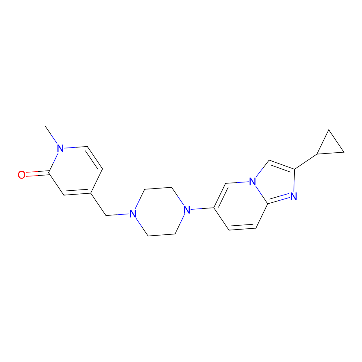 4-[(4-{2-Cyclopropylimidazo[1,2-a]pyridin-6-yl}piperazin-1-yl)methyl]-1-methyl-1,2-dihydropyridin-2-one molecular structure, CAS 3030806-32-4