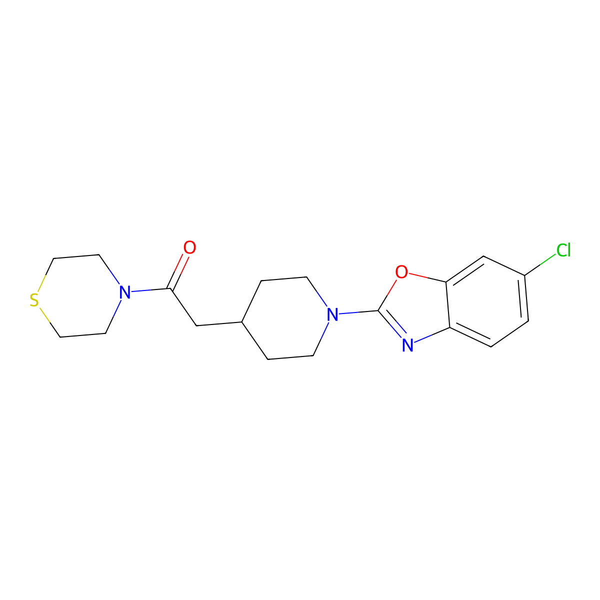 2-[1-(6-Chloro-1,3-benzoxazol-2-yl)piperidin-4-yl]-1-(thiomorpholin-4-yl)ethan-1-one molecular structure, CAS 3030806-71-1
