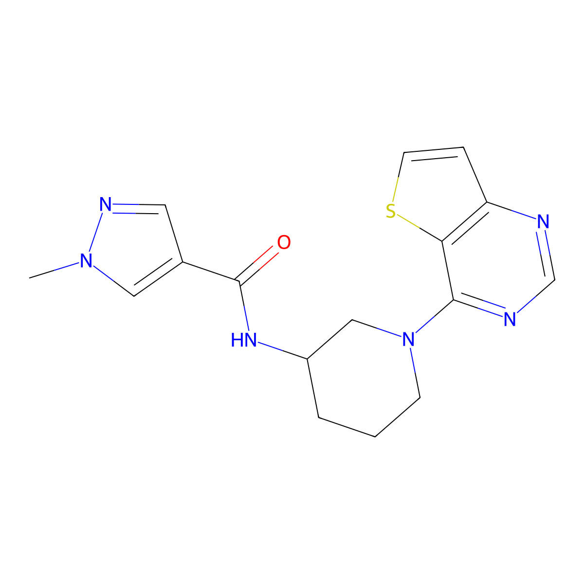 1-methyl-N-(1-{thieno[3,2-d]pyrimidin-4-yl}piperidin-3-yl)-1H-pyrazole-4-carboxamide molecular structure, CAS 3030806-93-7