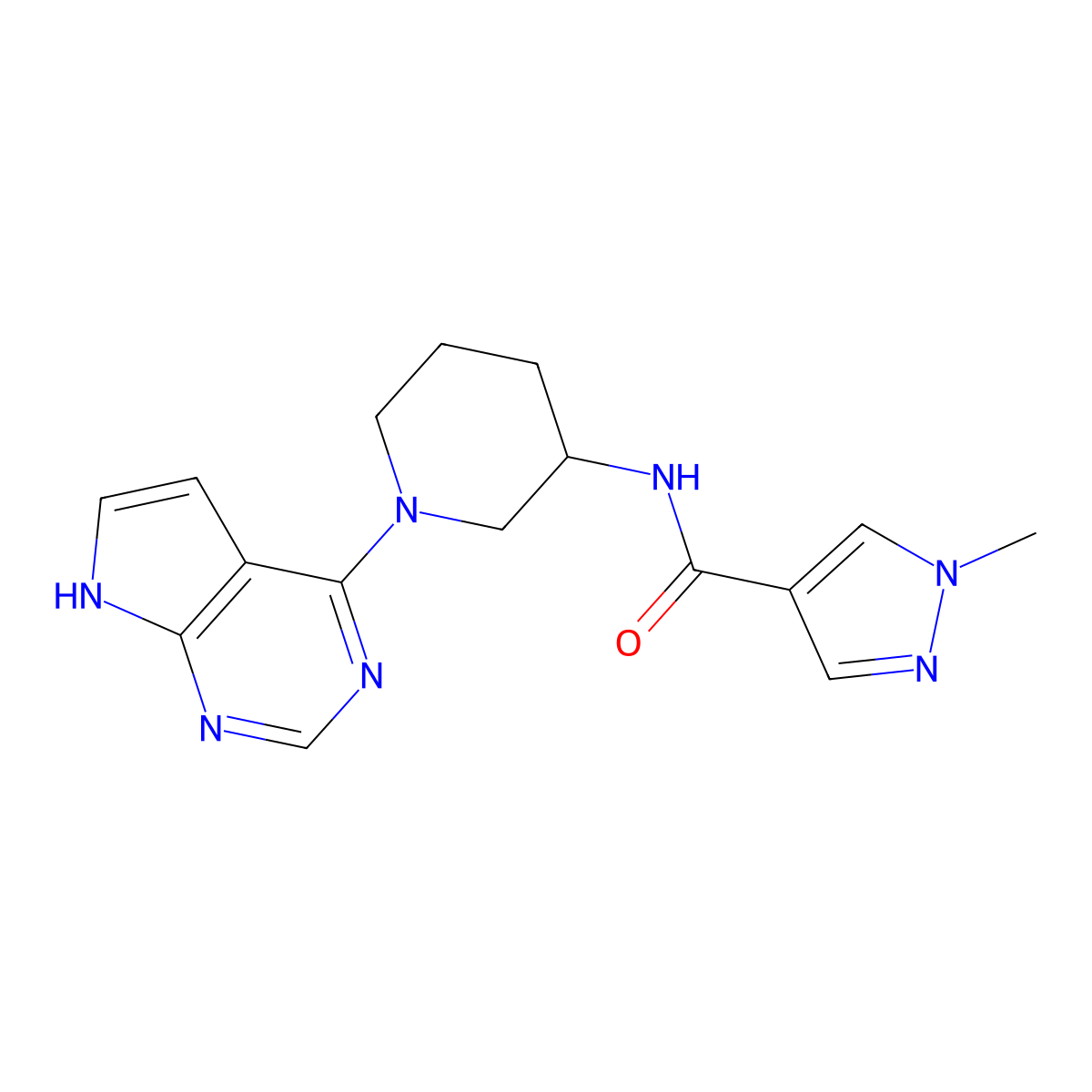 1-methyl-N-(1-{7H-pyrrolo[2,3-d]pyrimidin-4-yl}piperidin-3-yl)-1H-pyrazole-4-carboxamide molecular structure, CAS 3030807-13-4
