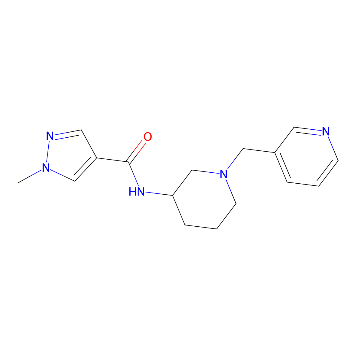 1-methyl-N-{1-[(pyridin-3-yl)methyl]piperidin-3-yl}-1H-pyrazole-4-carboxamide molecular structure, CAS 3030807-53-2