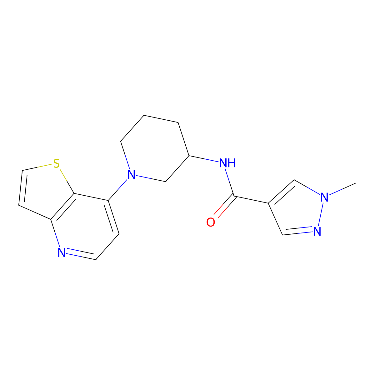 1-methyl-N-(1-{thieno[3,2-b]pyridin-7-yl}piperidin-3-yl)-1H-pyrazole-4-carboxamide molecular structure, CAS 3030807-56-5