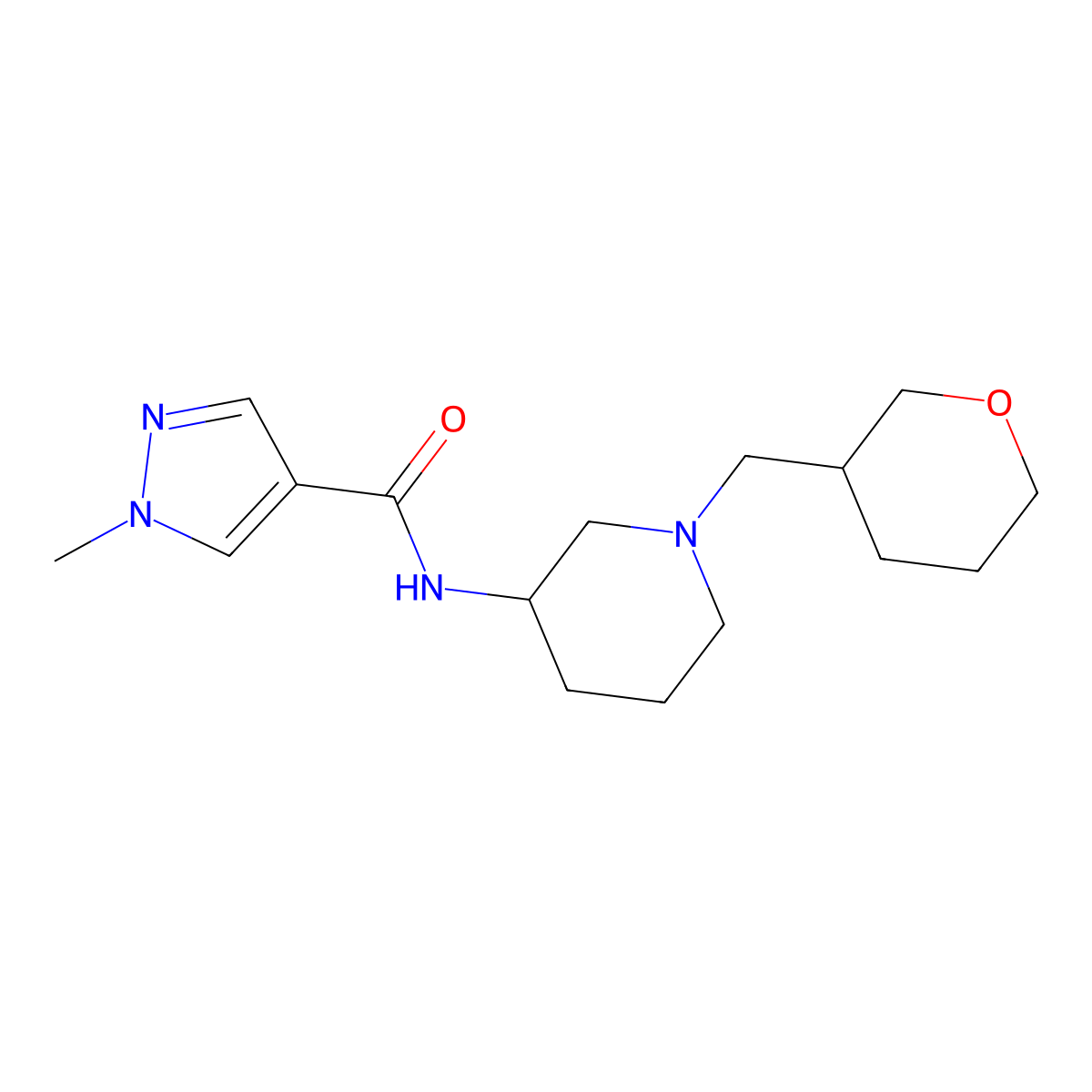 1-methyl-N-{1-[(oxan-3-yl)methyl]piperidin-3-yl}-1H-pyrazole-4-carboxamide molecular structure, CAS 3030807-58-7