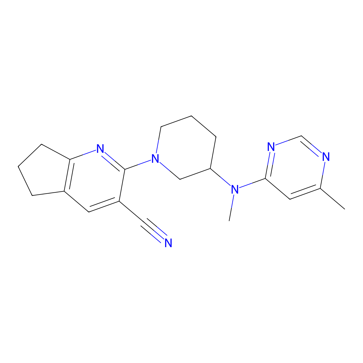 2-{3-[methyl(6-methylpyrimidin-4-yl)amino]piperidin-1-yl}-5H,6H,7H-cyclopenta[b]pyridine-3-carbonitrile molecular structure, CAS 3030807-70-3