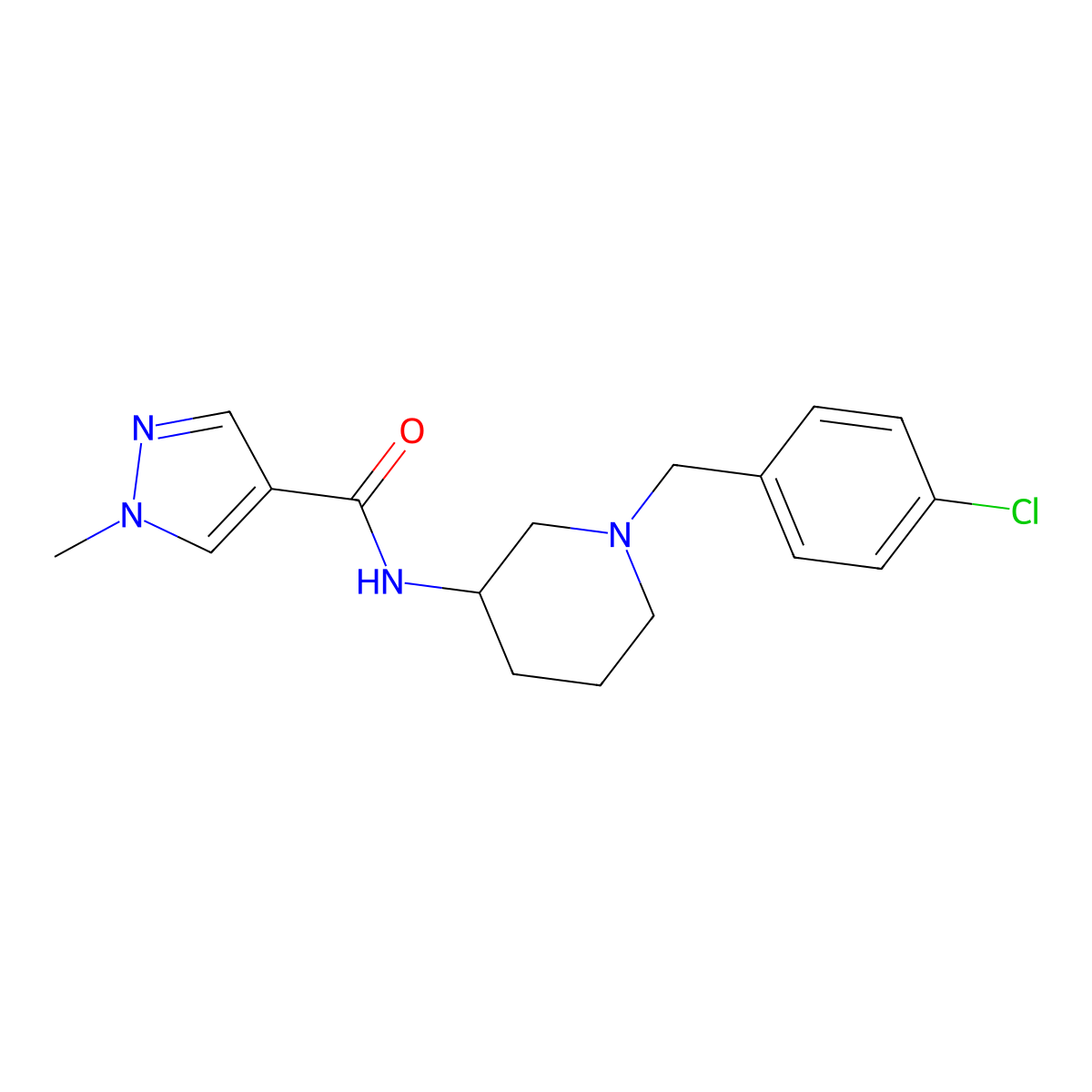 N-{1-[(4-chlorophenyl)methyl]piperidin-3-yl}-1-methyl-1H-pyrazole-4-carboxamide molecular structure, CAS 3030807-76-9