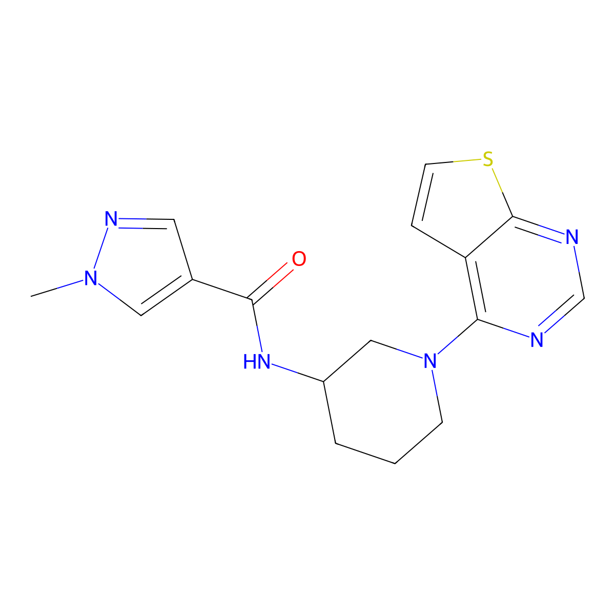 1-methyl-N-(1-{thieno[2,3-d]pyrimidin-4-yl}piperidin-3-yl)-1H-pyrazole-4-carboxamide molecular structure, CAS 3030807-94-1