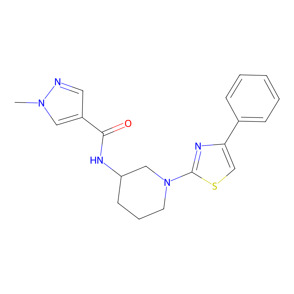 1-methyl-N-[1-(4-phenyl-1,3-thiazol-2-yl)piperidin-3-yl]pyrazole-4-carboxamide molecular structure, CAS 3030808-00-2
