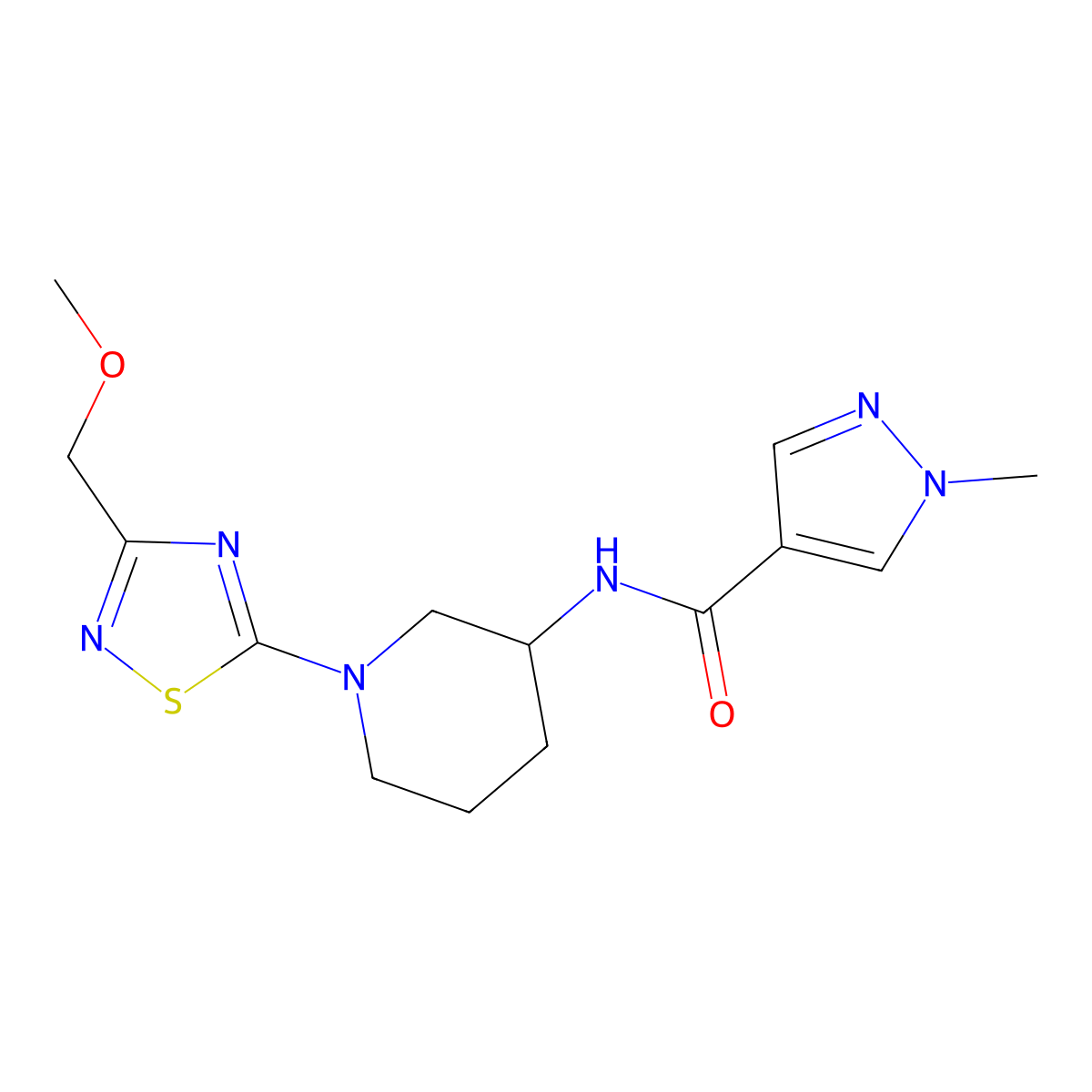 N-{1-[3-(methoxymethyl)-1,2,4-thiadiazol-5-yl]piperidin-3-yl}-1-methyl-1H-pyrazole-4-carboxamide molecular structure, CAS 3030808-04-6