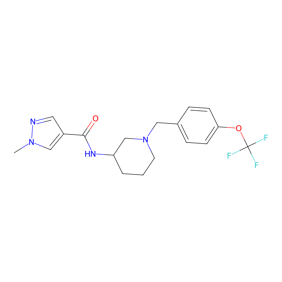 1-methyl-N-(1-{[4-(trifluoromethoxy)phenyl]methyl}piperidin-3-yl)-1H-pyrazole-4-carboxamide molecular structure, CAS 3030808-07-9