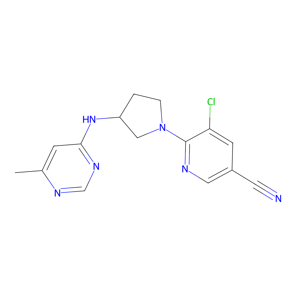 5-Chloro-6-{3-[(6-methylpyrimidin-4-yl)amino]pyrrolidin-1-yl}pyridine-3-carbonitrile molecular structure, CAS 3030808-08-0