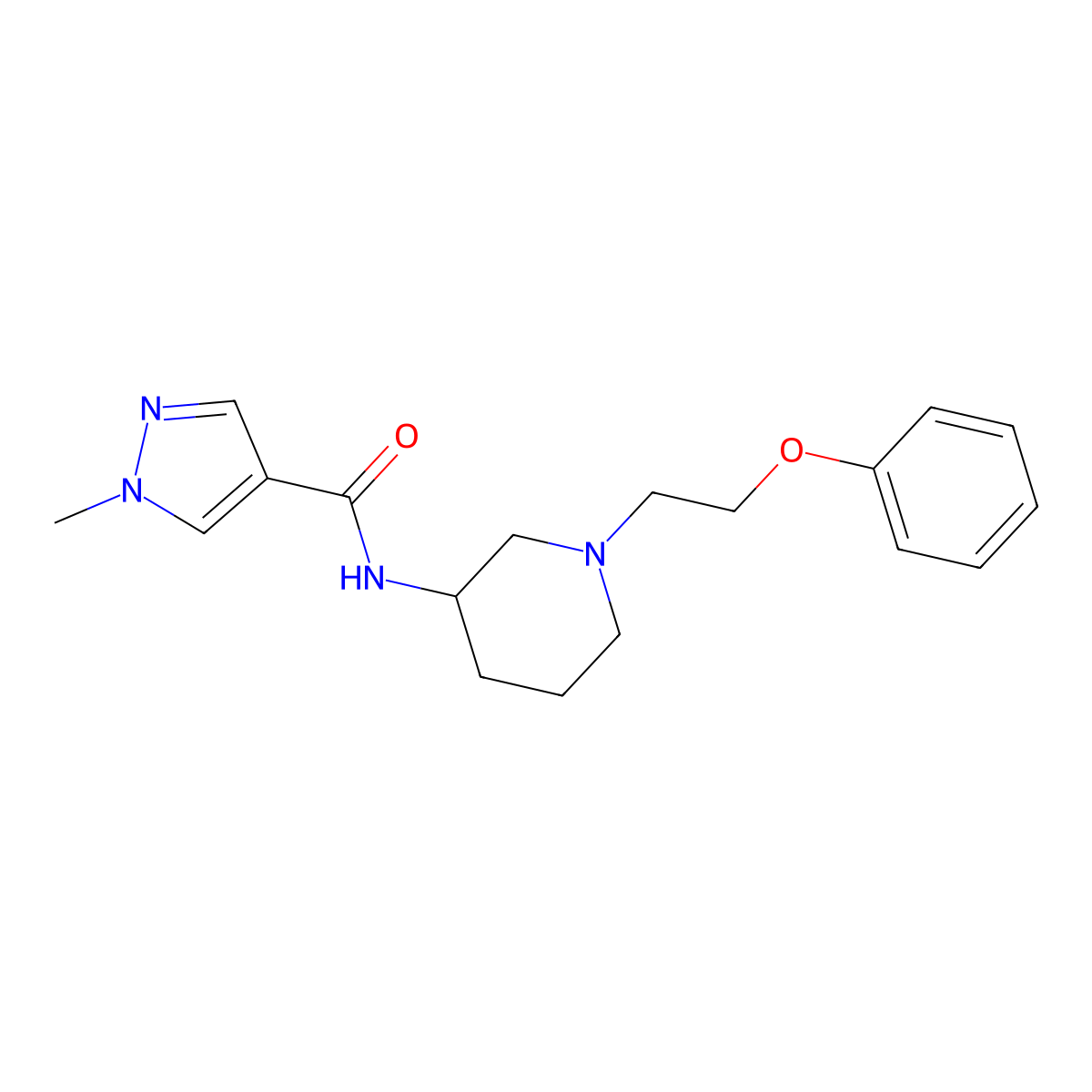 1-methyl-N-[1-(2-phenoxyethyl)piperidin-3-yl]-1H-pyrazole-4-carboxamide molecular structure, CAS 3030808-12-6