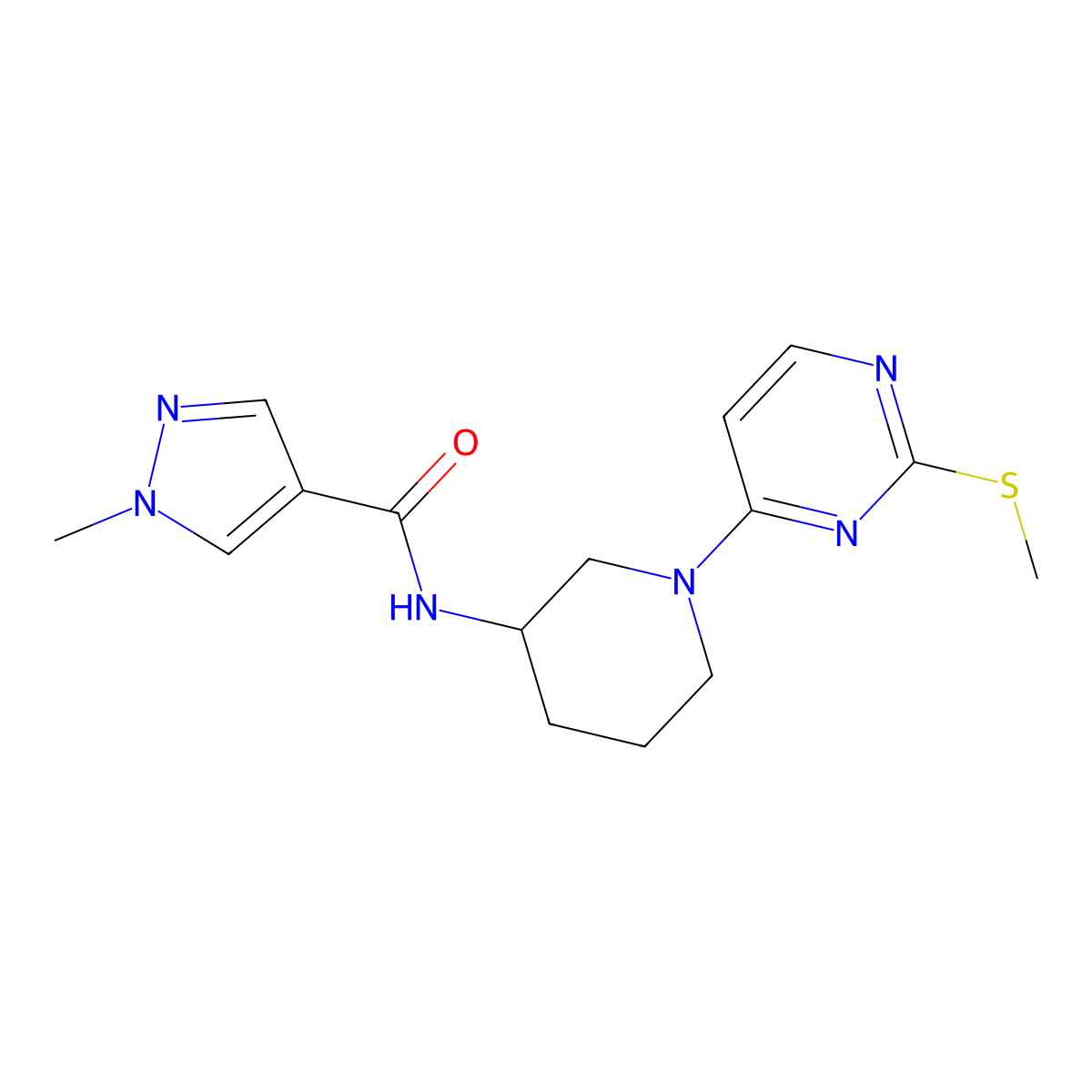 1-methyl-N-{1-[2-(methylsulfanyl)pyrimidin-4-yl]piperidin-3-yl}-1H-pyrazole-4-carboxamide molecular structure, CAS 3030808-23-9